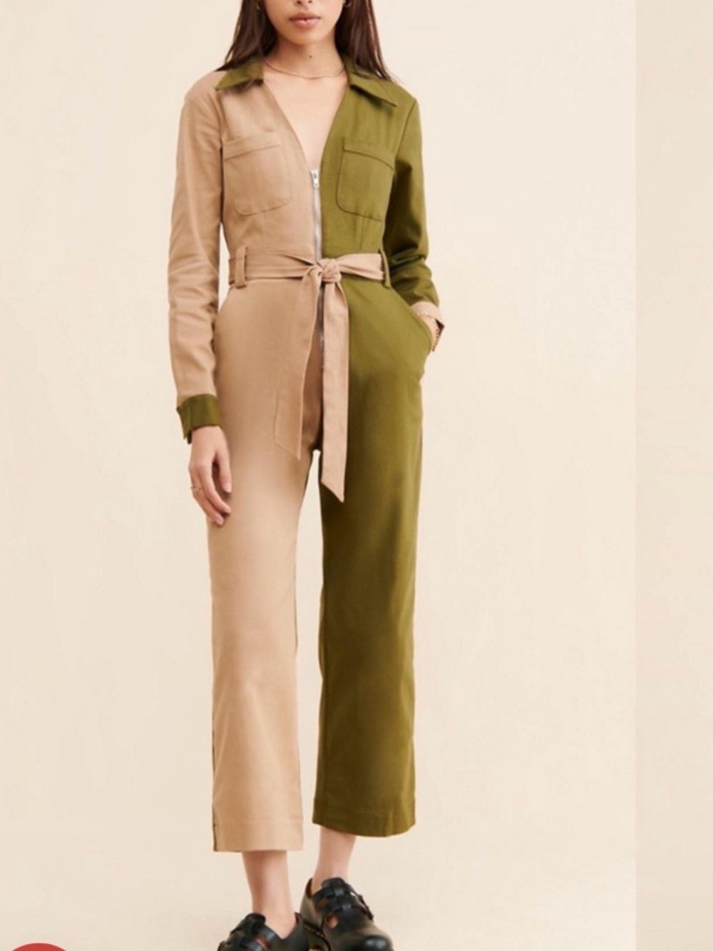 Another Girl Coveralls Color block Utility Jumpsuit - Olive & Tan Size 6